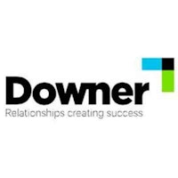 Logo of Downer, featuring the word "Downer" in bold black with a green and blue graphic element, underlined by the tagline "Relationships creating success."