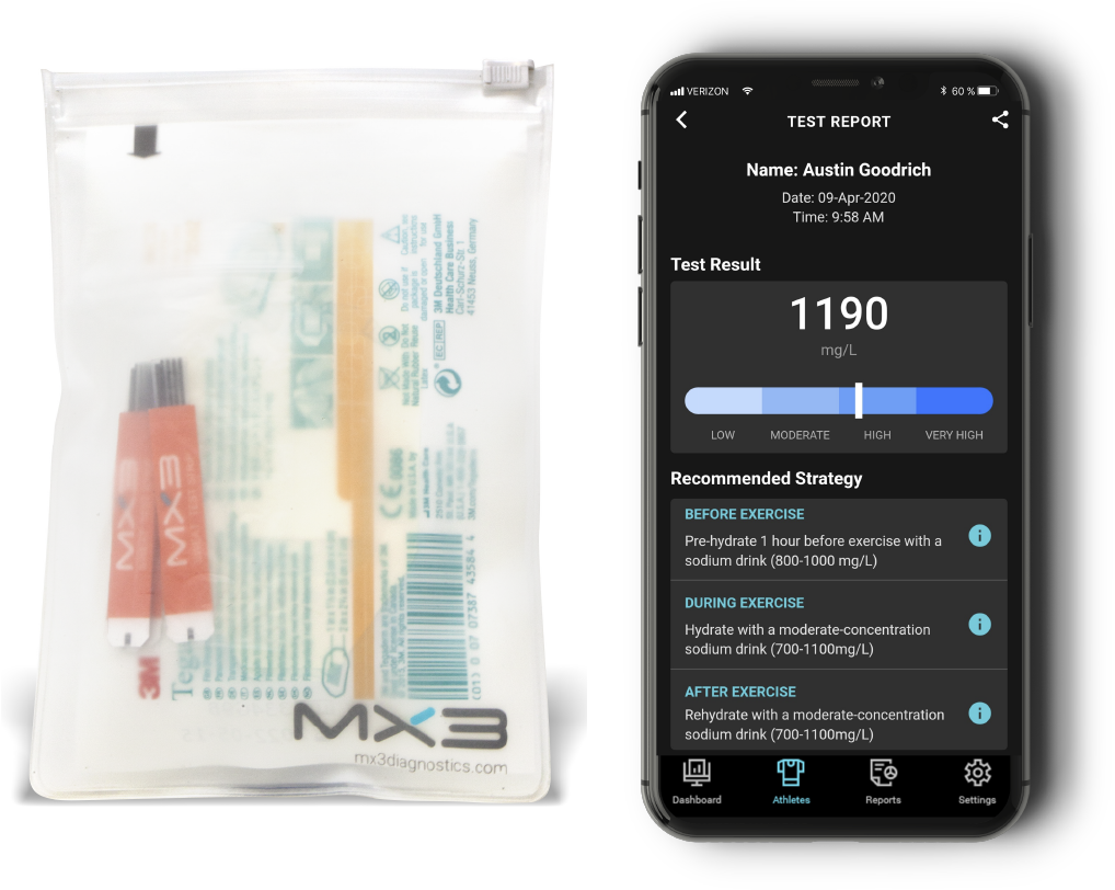 A packaging of MX3 medical device alongside a smartphone displaying diagnostic data and settings for the device.