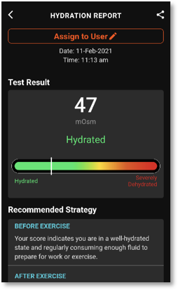 A hydration test result shows a score of 47, indicating the user is hydrated, with a recommended strategy to rehydrate before exercising.