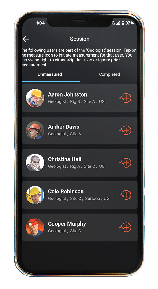A smartphone screen displaying a list of workers with names, roles, and status indicators for tasks, in a user-friendly app interface.