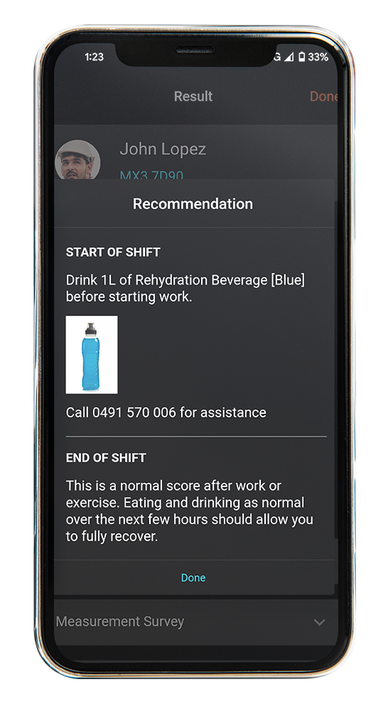 A phone screenshot displaying a hydration recommendation with instructions to drink a specific beverage and a note about recovery.