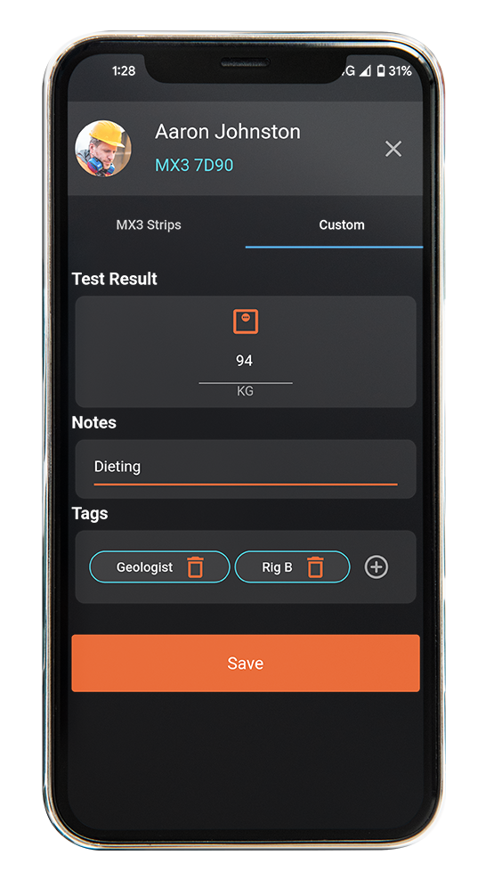 A mobile app screen displays a test result of 14, with fields for notes and tags, featuring a sleek black and orange design.