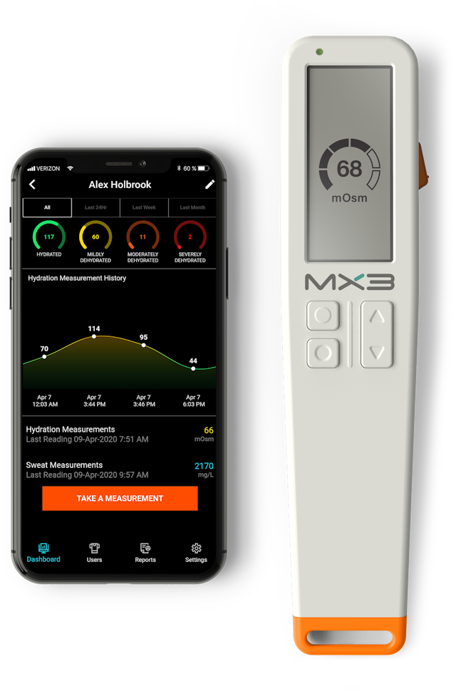 meterandphonetopview_details_updated1228686408 A smartphone displays a health tracking app next to a digital device with buttons, showcasing fitness metrics and readings.