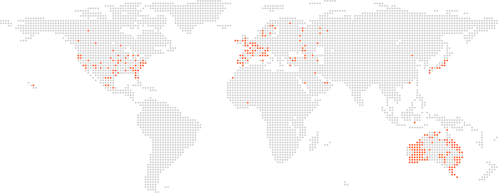 Map highlighting locations in Europe and parts of Asia with orange dots, indicating specific points of interest or data.