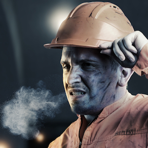 A gritty, tired construction worker wipes sweat from his brow, wearing an orange hard hat and covered in dust, with steam rising nearby.