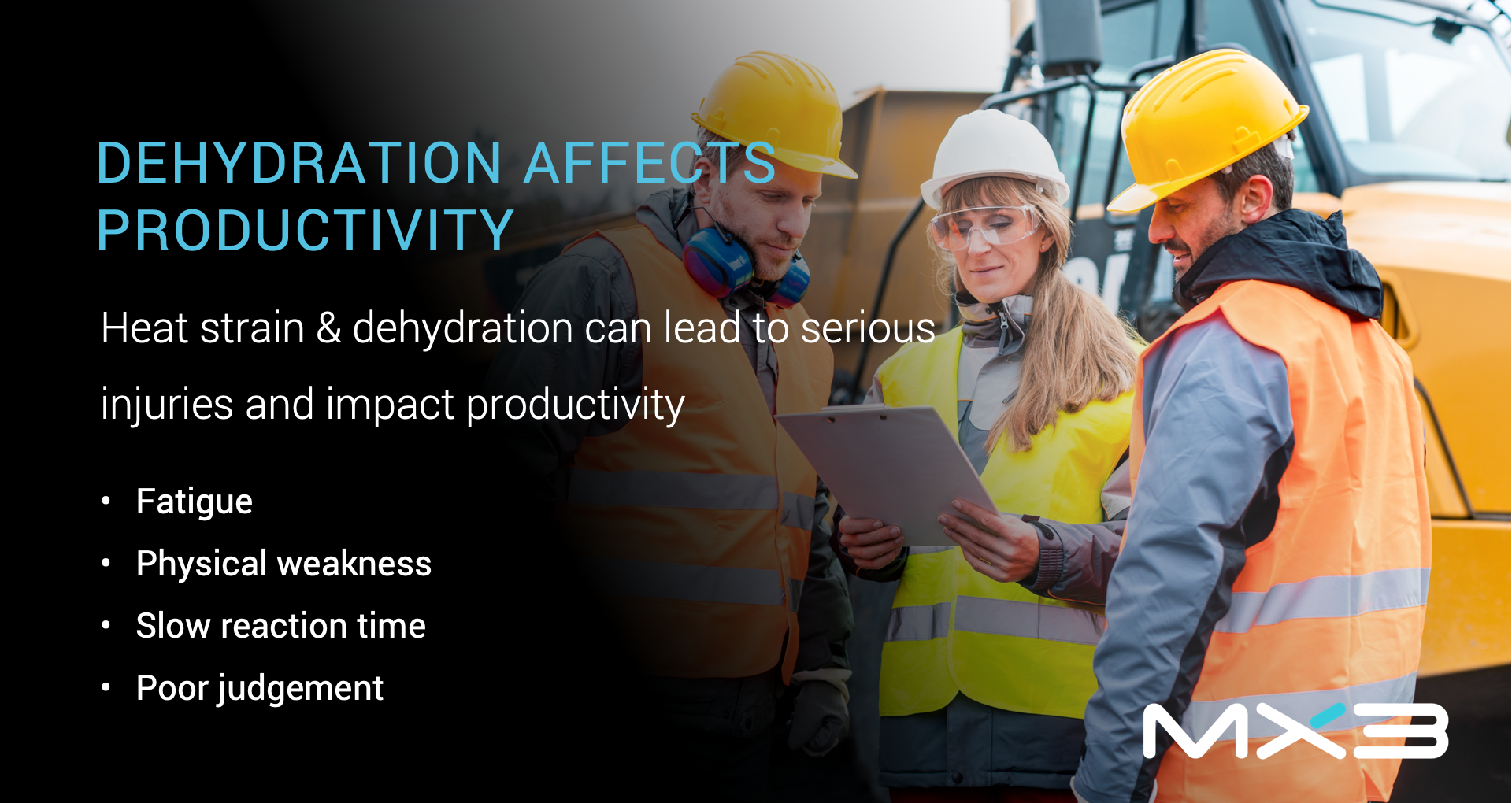 Three construction workers discussing hydration's impact on productivity, with a focus on preventing dehydration.