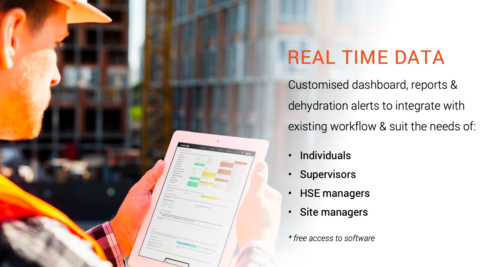A person holds a tablet displaying a workflow management app, with text highlighting real-time customized solutions for various users.