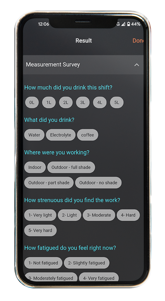 A smartphone screen displaying a survey with questions about drink consumption, location, and experience rating.