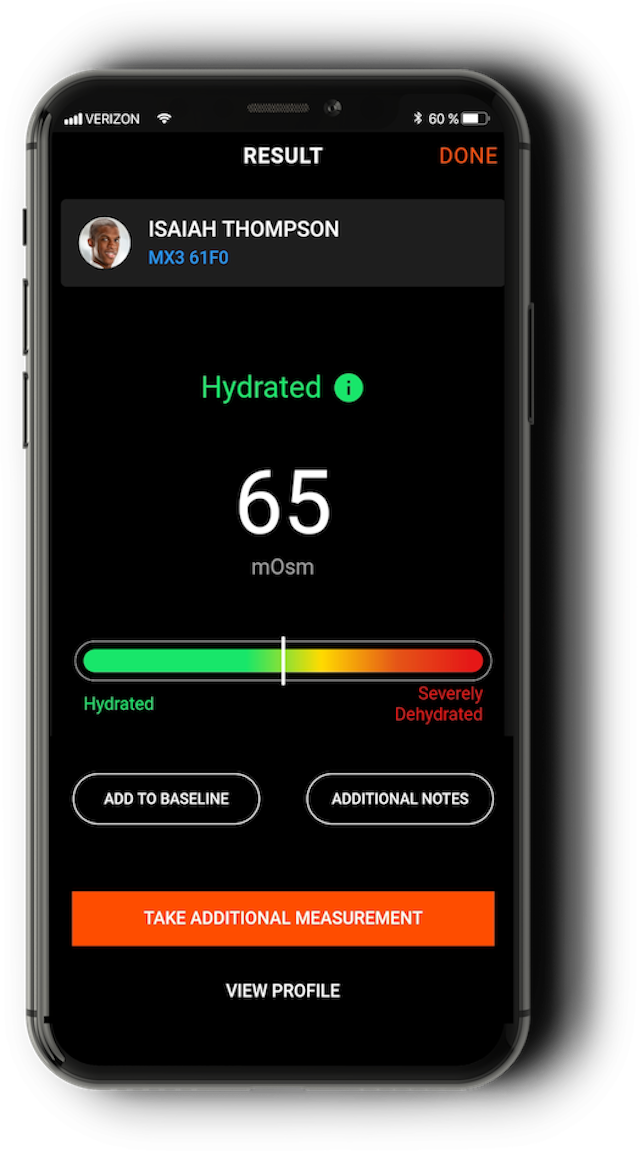 result1370030090 A smartphone screen displays hydration status with a slider showing 65 mOsm, indicating hydration level, in a dark interface.
