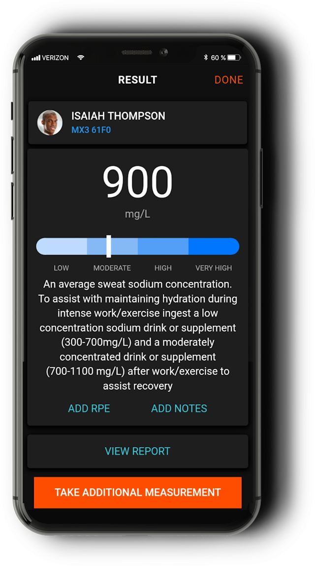 result_21586806714 Mobile screen displaying sodium concentration details, suggesting hydration strategies during and after exercise. Concentration: 900 mg/L.